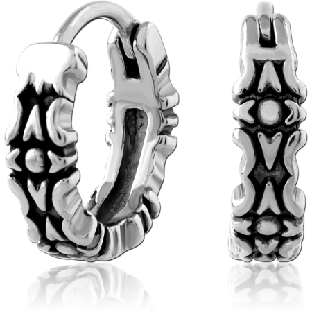 316L SURGICAL STEEL HUGGIES HINGED HOOP ENGRAVED GEOMETRIC PATTERN OXIDIZED DETAIL PAIR