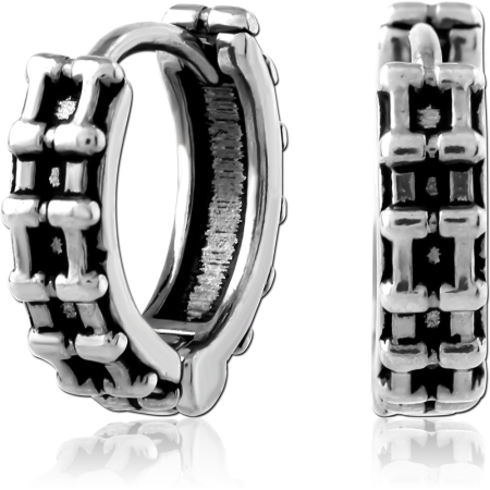 316L SURGICAL STEEL HUGGIES HINGED HOOP SQUARE LINK PATTERN OXIDIZED DETAIL PAIR