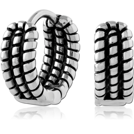 316L SURGICAL STEEL HUGGIES HINGED HOOP BRAIDED ROPE PATTERN OXIDIZED DETAIL PAIR