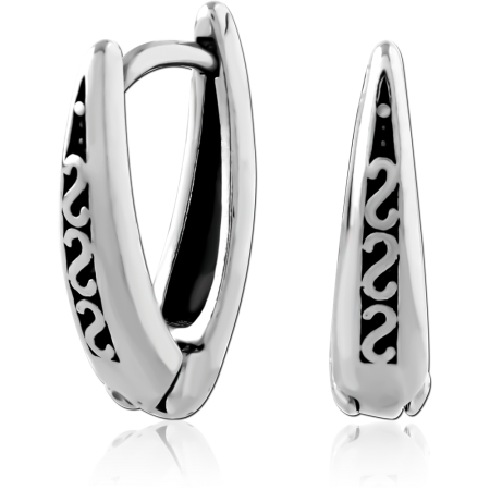 316L SURGICAL STEEL HUGGIES HINGED TAPERED HOOP FILIGREE SWIRL CUTOUT DETAIL PAIR