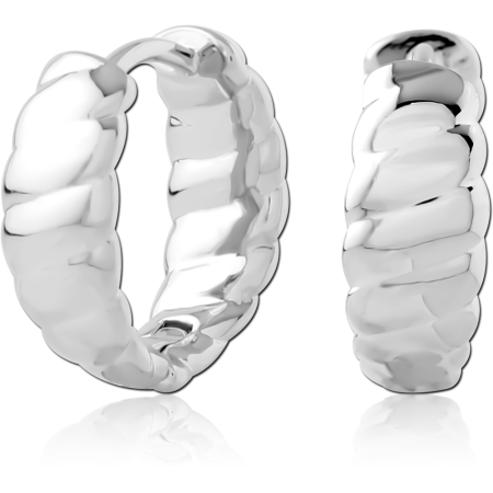 316L SURGICAL STEEL HUGGIES HINGED HOOP CHUNKY RIDGED TEXTURED POLISHED PAIR