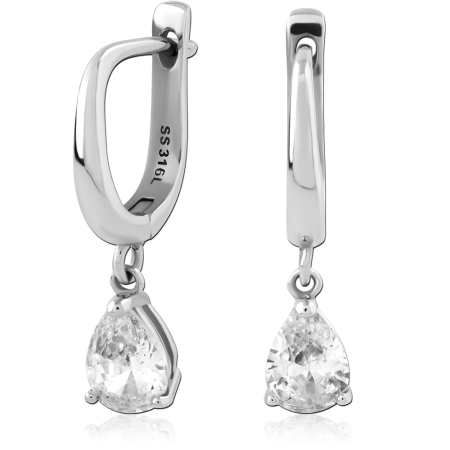 316L SURGICAL STEEL HINGED HUGGIES WITH TEARDROP CLEAR GEM DANGLE PRONG SET
