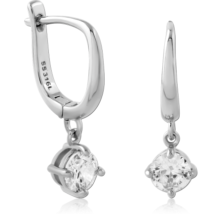 316L SURGICAL STEEL HINGED HUGGIES WITH ROUND CLEAR GEM DANGLE PRONG SET