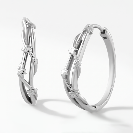 SURGICAL STEEL HUGGIE EARRINGS PAIR DOUBLE BAND WITH LEAF VINE DESIGN