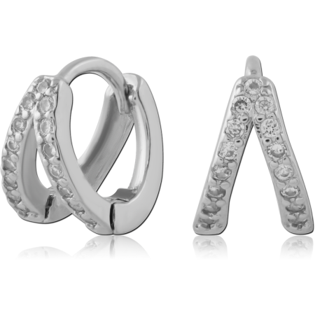 316L SURGICAL STEEL HUGGIE EARRINGS DOUBLE ROW PAVE CLEAR GEMS