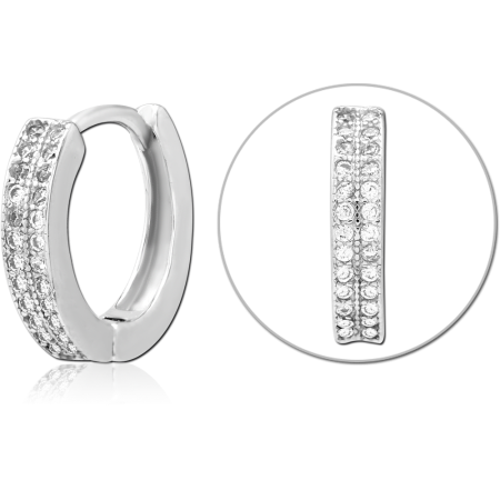 STERLING SILVER 925 HUGGIE HOOP EARRINGS DOUBLE ROW CLEAR GEM PAVE