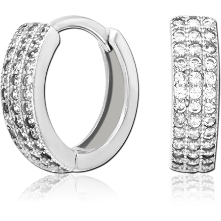 STERLING SILVER 925 HUGGIE HOOP EARRINGS TRIPLE ROW CLEAR GEM PAVE