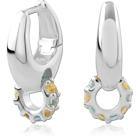 STERLING SILVER 925 HUGGIE EARRINGS WITH MULTICOLOR GEM CIRCLE CHARM