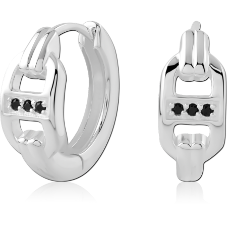 STERLING SILVER 925 HUGGIE EARRINGS BUCKLE FRONT WITH BLACK GEMS