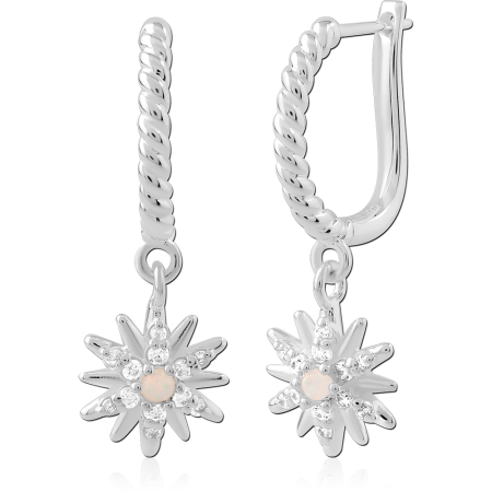 STERLING SILVER 925 HUGGIE EARRINGS WITH STARBURST CHARM AND OPAL CENTER