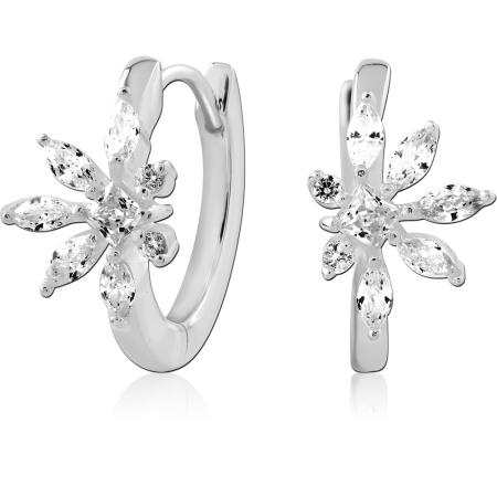 STERLING SILVER 925 HUGGIE EARRINGS MARQUISE PETAL FLOWER CLUSTER CLEAR GEMS
