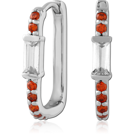 STERLING SILVER 925 HUGGIES BAGUETTE CLEAR GEM WITH RED ACCENT STONES