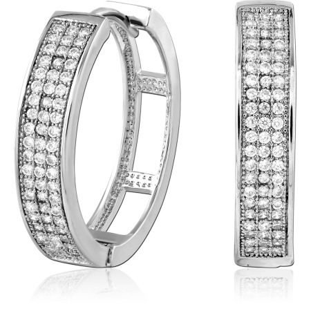 STERLING SILVER 925 HINGED HUGGIES EARRINGS PAVE CLEAR GEMS RECTANGULAR FRONT PAIR