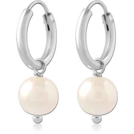 STERLING SILVER 925 HUGGIES SMOOTH HOOP WITH ROUND PEARL DROP CHARM