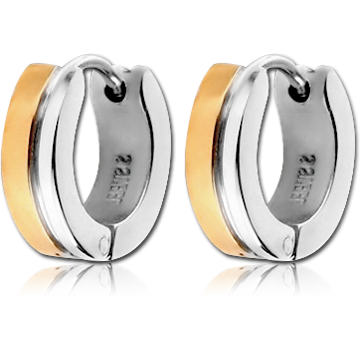 GOLD PLATED STAINLESS STEEL HINGED HUGGIE EARRINGS TWO TONE SILVER AND GOLD BAND