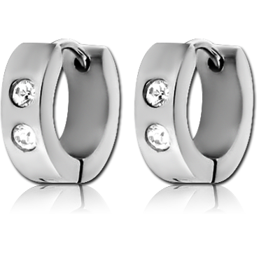 STAINLESS STEEL HINGED HUGGIE EARRINGS TWO CLEAR GEMS POLISHED FINISH