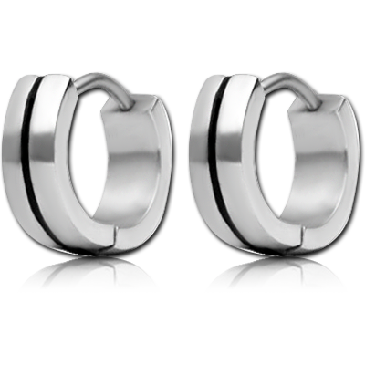 STAINLESS STEEL HINGED HUGGIE EARRINGS SINGLE BLACK GROOVE POLISHED FINISH