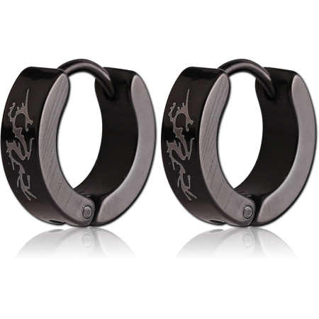 BLACK PVD COATED STAINLESS STEEL HINGED HUGGIE EARRINGS DRAGON ENGRAVING TWO TONE