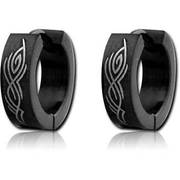 BLACK STAINLESS STEEL HUGGIE EARRINGS PAIR ENGRAVED TRIBAL PATTERN WIDE HOOP