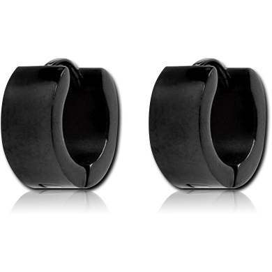 BLACK STAINLESS STEEL HUGGIE EARRINGS PAIR WIDE PLAIN HOOP POLISHED FINISH