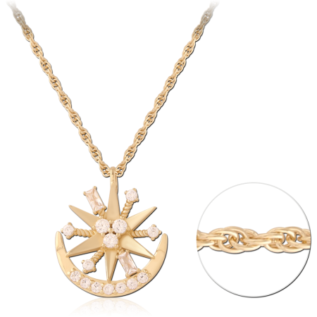 GOLD PLATED 14K STERLING SILVER 925 NECKLACE JEWELED CRESCENT MOON AND STAR PENDANT