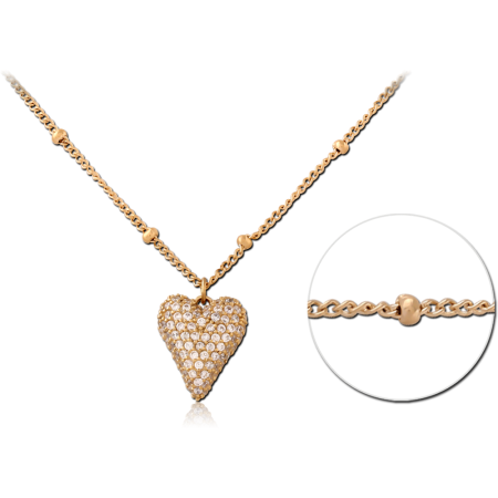 GOLD PVD 18K COATED SURGICAL STEEL NECKLACE PAVE HEART PENDANT BEADED CHAIN