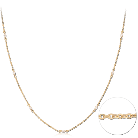 GOLD PVD 18K COATED SURGICAL STEEL NECKLACE ROUND GEM STATION CHAIN