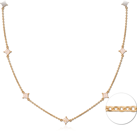 GOLD PVD 18K COATED SURGICAL STEEL NECKLACE SQUARE GEM STATION CHAIN