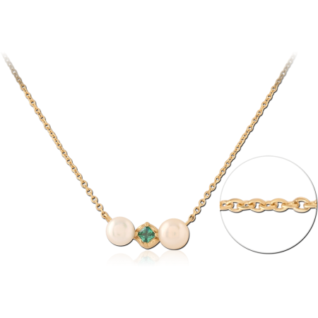 GOLD PVD 18K COATED SURGICAL STEEL NECKLACE DOUBLE PEARL AND GREEN GEM
