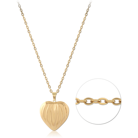 GOLD PVD 18K COATED 316L SURGICAL STEEL NECKLACE RIDGED HEART PENDANT