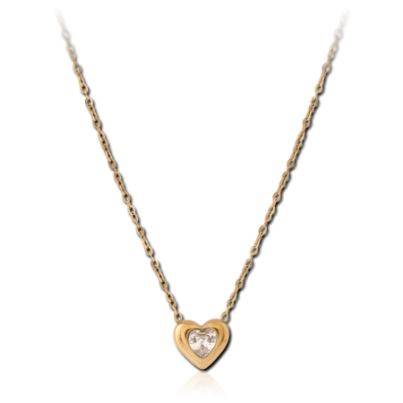 GOLD PVD 18K COATED 316L SURGICAL STEEL NECKLACE JEWELED HEART PENDANT