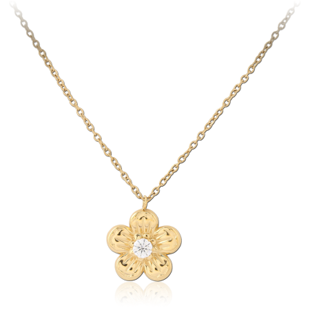 GOLD PVD 18K COATED 316L SURGICAL STEEL NECKLACE JEWELED FIVE PETAL FLOWER PENDANT