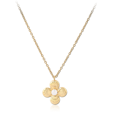GOLD PVD 18K COATED 316L SURGICAL STEEL NECKLACE JEWELED FOUR PETAL FLOWER PENDANT