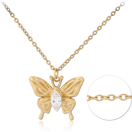 GOLD PVD 18K COATED 316L SURGICAL STEEL NECKLACE JEWELED BUTTERFLY PENDANT