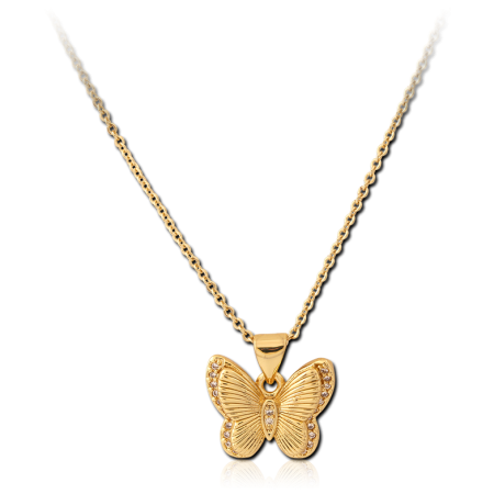 GOLD PVD 18K COATED 316L SURGICAL STEEL NECKLACE BUTTERFLY PENDANT TEXTURED WINGS PAVE GEMS