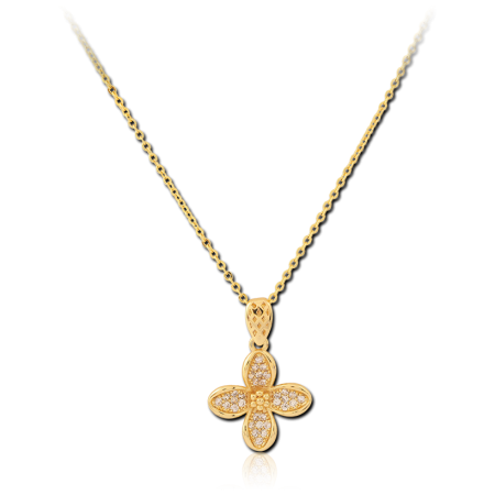 GOLD PVD 18K COATED 316L SURGICAL STEEL NECKLACE FOUR PETAL FLOWER PENDANT PAVE GEMS