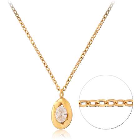 GOLD PVD 18K COATED SURGICAL STEEL NECKLACE OVAL WHITE STONE PENDANT