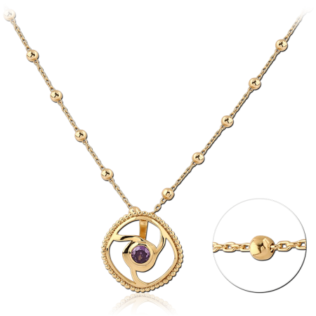 GOLD PLATED 18K STERLING SILVER 925 NECKLACE BEADED CIRCLE PENDANT PURPLE GEM
