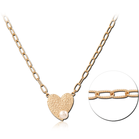 GOLD PLATED 18K STERLING SILVER 925 NECKLACE TEXTURED HEART PENDANT WITH PEARL