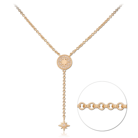 GOLD PLATED 18K STERLING SILVER 925 LARIAT NECKLACE COMPASS MEDALLION WITH STAR CHARMS