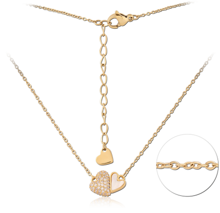 GOLD PLATED 18K STERLING SILVER 925 NECKLACE DOUBLE HEART PENDANT PAVE AND WHITE INLAY