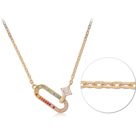 GOLD PLATED 18K STERLING SILVER 925 NECKLACE RAINBOW GEM OVAL LINK WITH SQUARE GEM