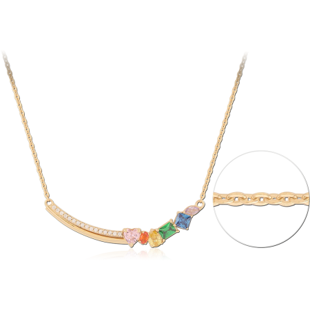 GOLD PLATED 18K STERLING SILVER 925 NECKLACE CURVED BAR WITH RAINBOW MIXED GEMS