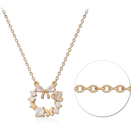 GOLD PLATED 18K STERLING SILVER 925 NECKLACE CIRCLE PENDANT WITH BOW AND GEMS