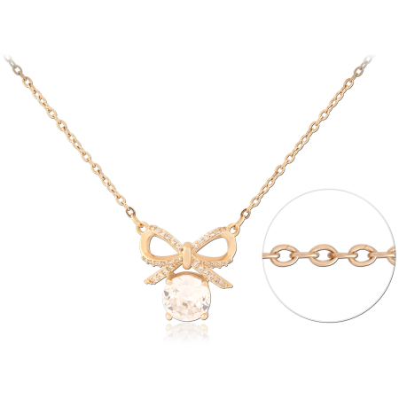 GOLD PLATED 18K STERLING SILVER 925 NECKLACE BOW PENDANT WITH DANGLING GEM