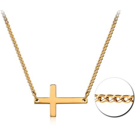 GOLD PVD COATED SURGICAL STEEL NECKLACE WITH HORIZONTAL CROSS PENDANT
