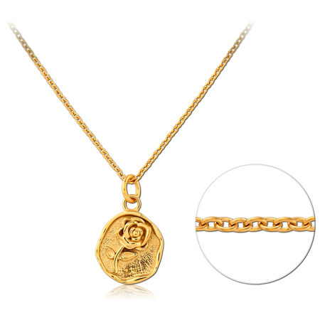GOLD PVD COATED SURGICAL STEEL NECKLACE WITH ROSE MEDALLION PENDANT