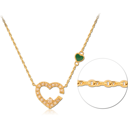 GOLD PVD COATED SURGICAL STEEL NECKLACE OPEN HEART PENDANT WITH GREEN ENAMEL CHARM