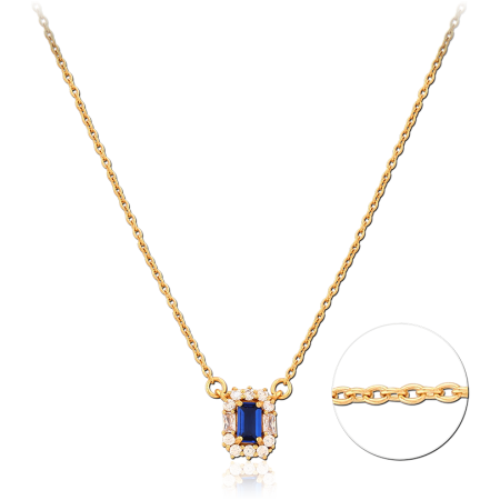 GOLD PLATED STERLING SILVER 925 NECKLACE DOUBLE RECTANGULAR BLUE GEM HALO PENDANT