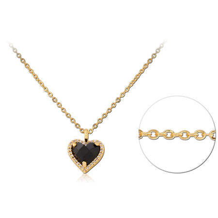 GOLD PLATED STERLING SILVER 925 NECKLACE HEART BLACK GEM WITH CLEAR HALO